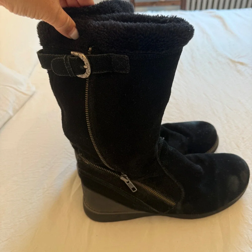 BareTraps Lantana Mid Calf Boots Women Sz 10 Black Suede Faux Fur Lined SDS Zip